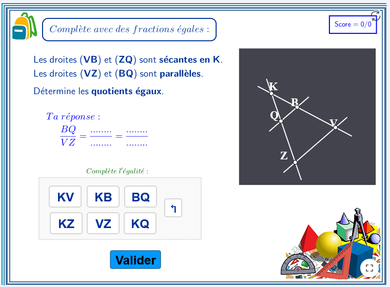 Exercice Sacado de géométrie : égalités de rapports avec le théorème de Thalès
